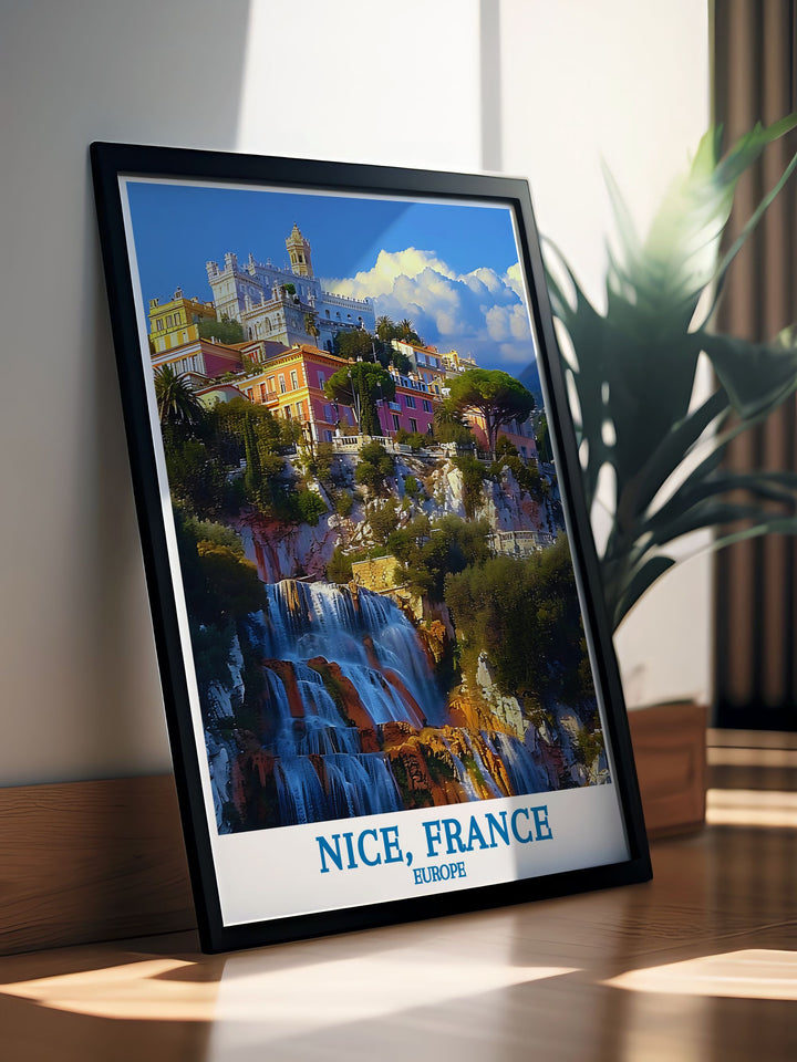 This travel poster captures the scenic view from Colline du Château in Nice, France, showcasing the stunning panorama of the Mediterranean Sea and the vibrant city below, perfect for adding a touch of the French Riviera to your home decor.