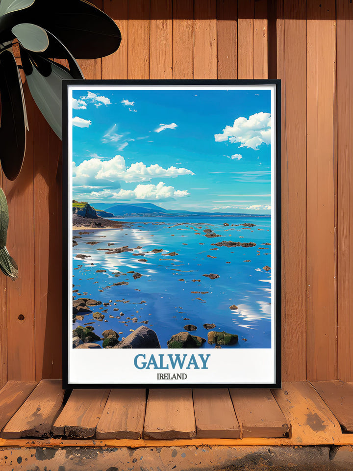This detailed art print brings to life the calming and picturesque landscapes of Galway Bay. Featuring tranquil waters and scenic views, this poster is ideal for those who dream of peaceful coastal escapes and the beauty of Irelands natural splendor.