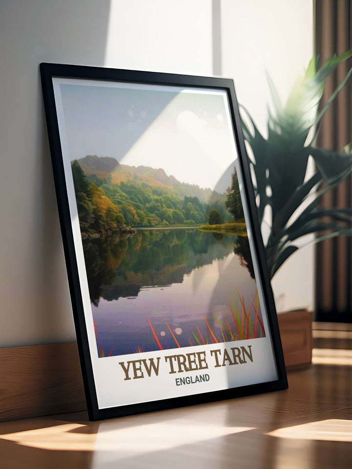 Fell walking print of Yew Tree Tarn in the Lake District, showcasing the serene waters and green landscapes. A perfect addition to any art collection or as a thoughtful gift for nature enthusiasts.