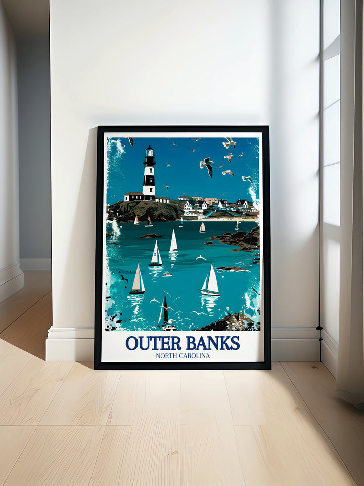 Outer Banks Poster Print showcasing the scenic beauty and rugged charm of North Carolinas coastal region. The print features the expansive beaches, rolling dunes, and the iconic Cape Hatteras Lighthouse, making it a perfect addition to any coastal themed decor. Ideal for lovers of nature and history, this artwork brings the essence of the Outer Banks into your home.