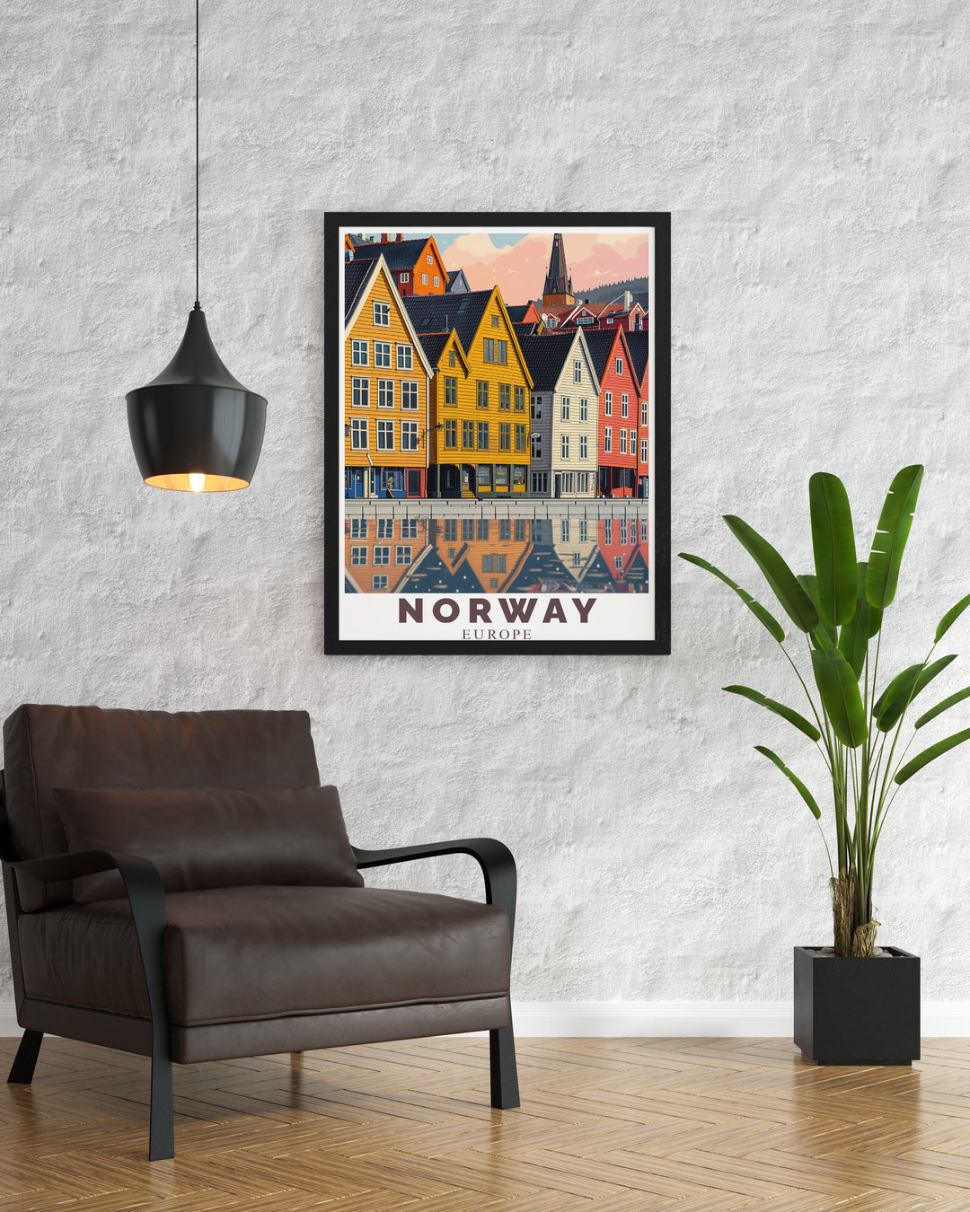 Elegant Flekkefjord gift with intricate Norwegian poster design complemented by Bryggen Bergen modern decor for a sophisticated touch to any room