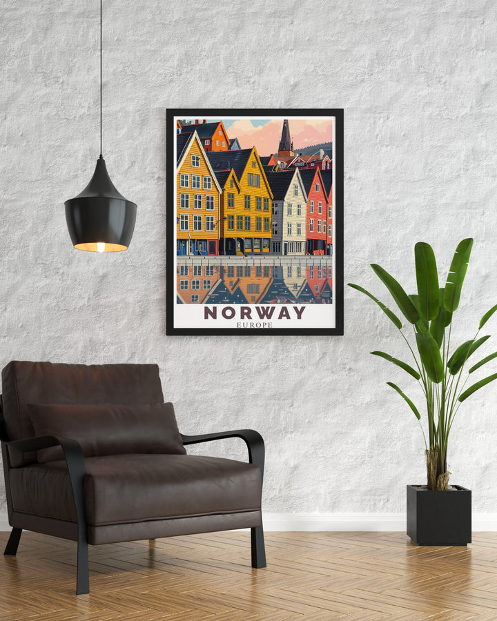 Elegant Flekkefjord gift with intricate Norwegian poster design complemented by Bryggen Bergen modern decor for a sophisticated touch to any room