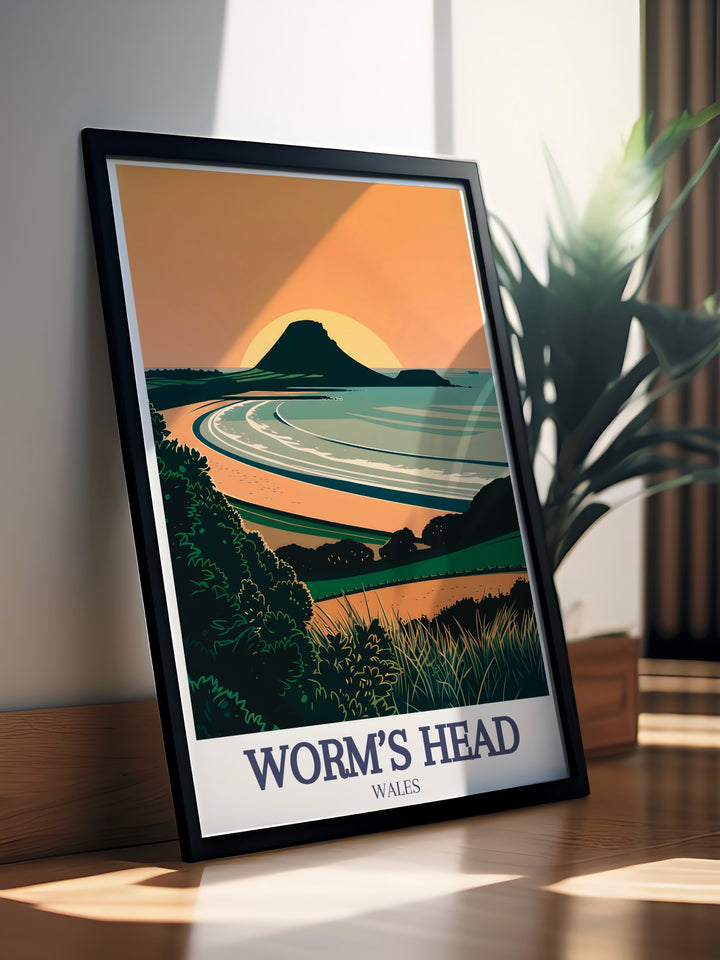 Worms Head Travel Print captures the dramatic beauty of the Gower Peninsula and Rhossili Bay, offering a peaceful and scenic view of this iconic Welsh landmark. This wall art is ideal for anyone who loves coastal landscapes and makes a thoughtful gift for travel enthusiasts.