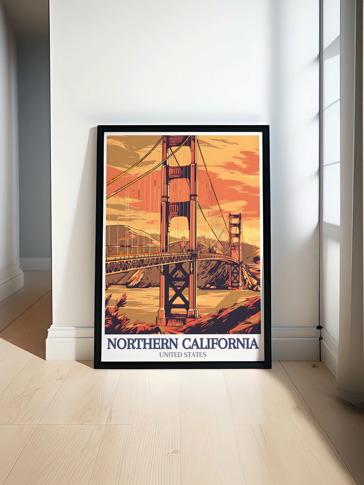 This Golden Gate Bridge Poster Print beautifully showcases one of San Franciscos most iconic landmarks, accompanied by the towering sequoias of Redwood State Park. The vibrant colors and detailed design make this canvas art a stunning travel print for any home, blending the natural wonders of Northern California with urban charm.