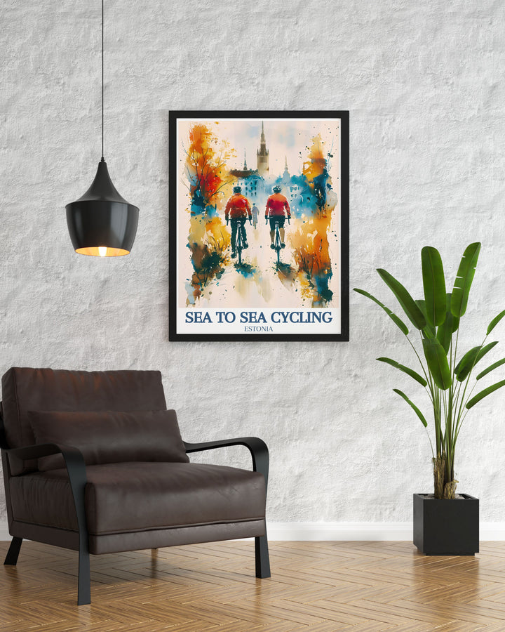 Celebrate both adventure and history with this Sea to Sea Cycle Route and Old Town of Tallinn Travel Print. Ideal for any wall, this artwork combines the best of UK cycling and Estonias medieval architecture.