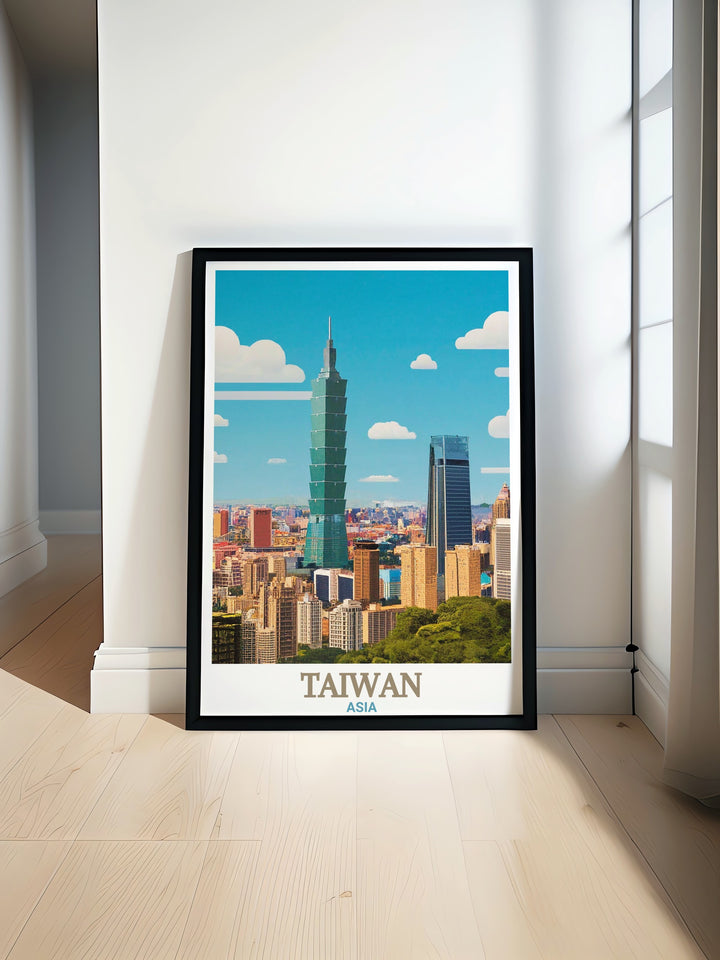 Taipei 101 modern prints showcasing the iconic skyline of Taipei perfect for elegant home decor and adding a touch of sophistication to your living room with beautiful Taiwan art and vibrant colors.