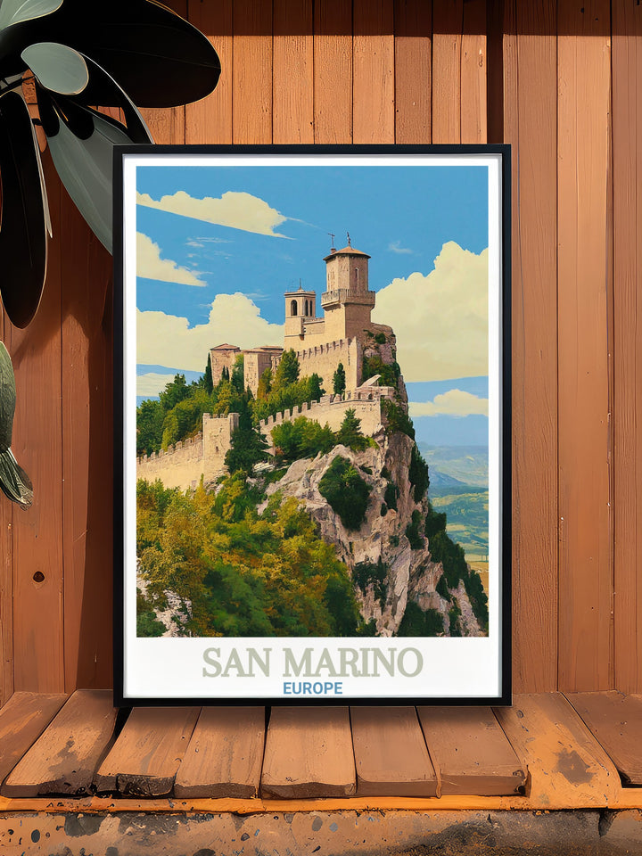 A striking San Marino travel print featuring the Guaita Tower, one of Europes oldest and most significant fortresses. This poster highlights the architectural beauty of the tower and the scenic backdrop of the Italian peninsula, making it an excellent choice for home decor or as a travel gift.