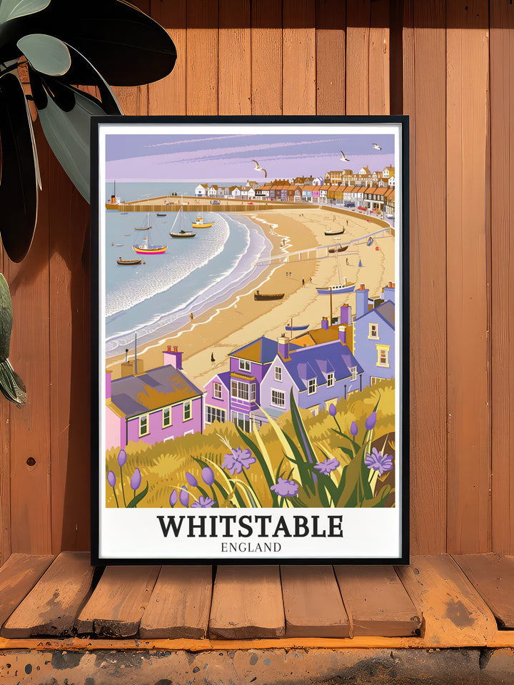 Whitstable Beach travel art showcasing the colourful beach huts and dynamic shoreline of this beloved coastal spot. Ideal for enhancing beach inspired interiors, this artwork brings the relaxing ambiance of Whitstable Beach into your home.