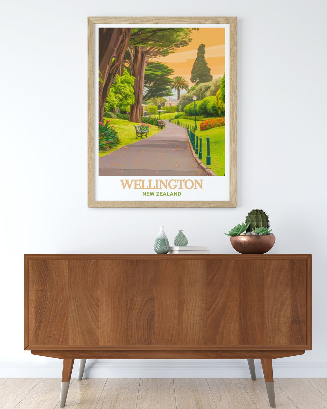 Wellington art print featuring both the bustling city and the tranquil Botanic Garden. This New Zealand travel poster captures the heart of the citys unique blend of nature and modern life, making it a stunning addition to any home décor.