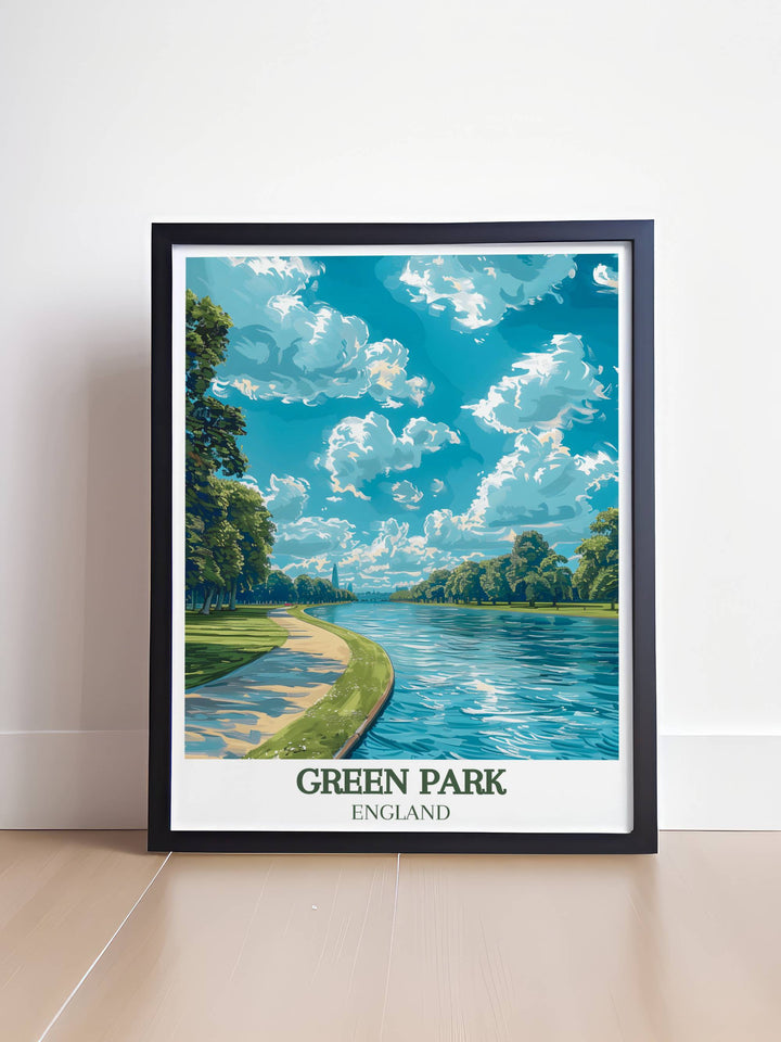 Beautiful framed print of Green Park London highlighting the serene landscapes and the Princess of Wales Memorial Walk, perfect for adding a touch of Londons natural beauty and historical significance to any room