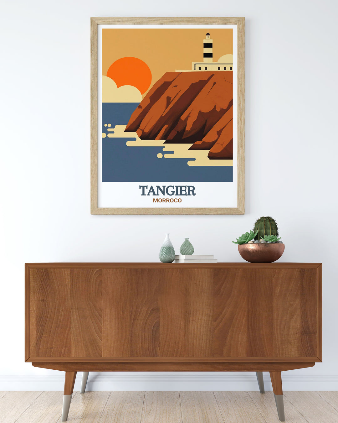 Tangiers Cap Spartel is beautifully depicted in this travel poster, showcasing the natural beauty of Moroccos coastline. This detailed wall art is perfect for adding a touch of North African charm to your space.