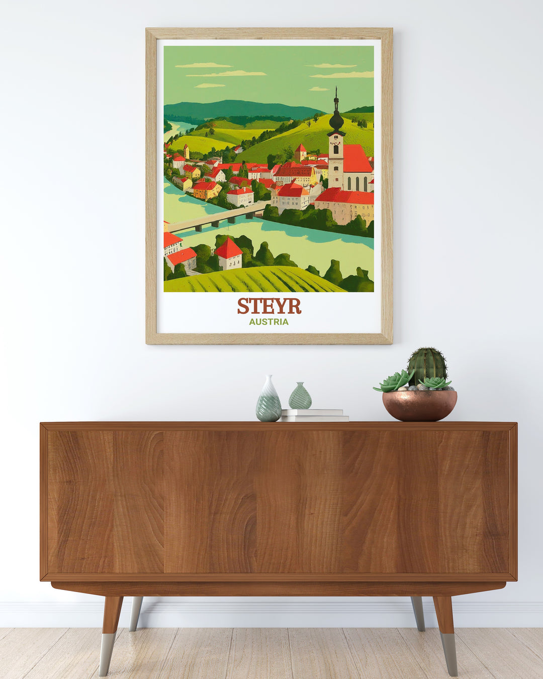 Steyr travel poster highlighting the charm of Steyrdorf, a district known for its traditional Austrian architecture. This artwork brings the essence of Austrias rich history into your living space, making it a perfect travel gift.