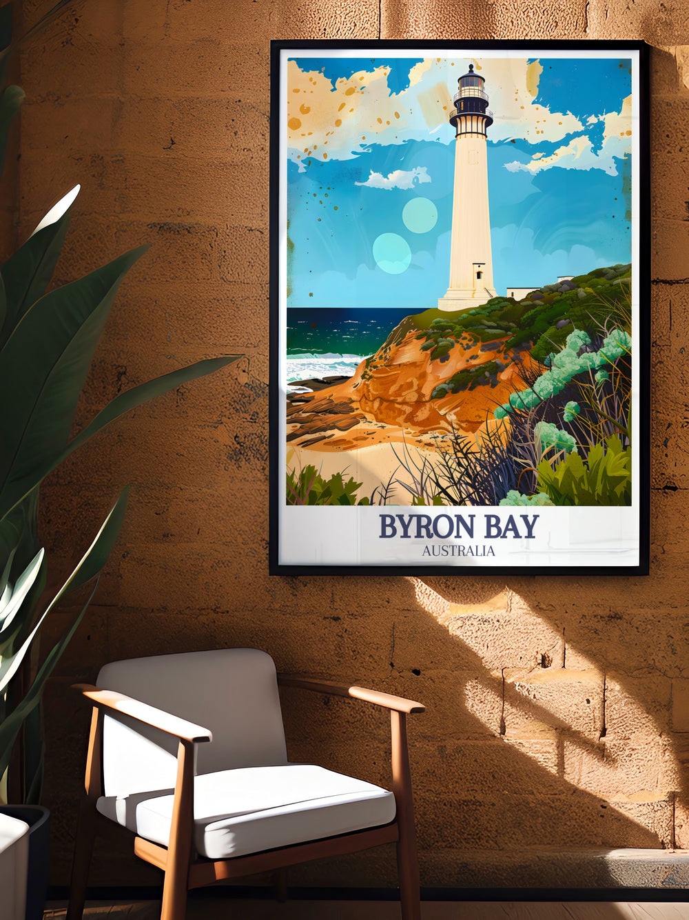 Main Beach and Byron Bay Lighthouse depicted in a beautiful Byron Bay Wall Art. Perfect for living rooms or offices this fine line print brings the charm and vibrancy of Byron Bay into your space with its detailed and eye catching design.