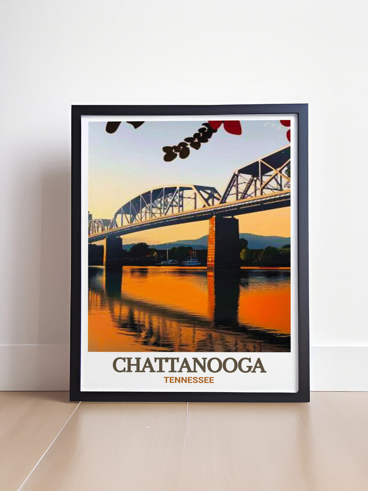 Chattanooga Travel Print with Walnut Street Bridge prominently featured in a black and white fine line design this art print is perfect for those who love cityscapes and want to bring a piece of Chattanoogas charm into their home