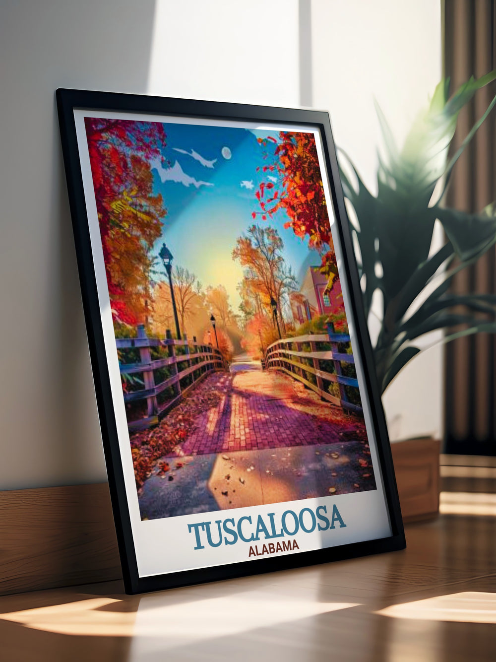 Tuscaloosa Alabama poster showcasing the beautiful Tuscaloosa Riverwalk and city map ideal for enhancing your home with elegant Tuscaloosa decor and stunning cityscape artwork making a perfect gift for fans and residents of this dynamic city