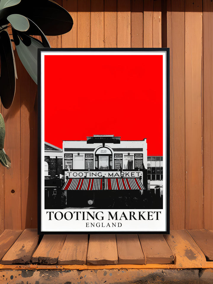 London Travel Poster illustrating Tooting Market in all its glory a must have for anyone who loves retro railway posters and South London market scenes