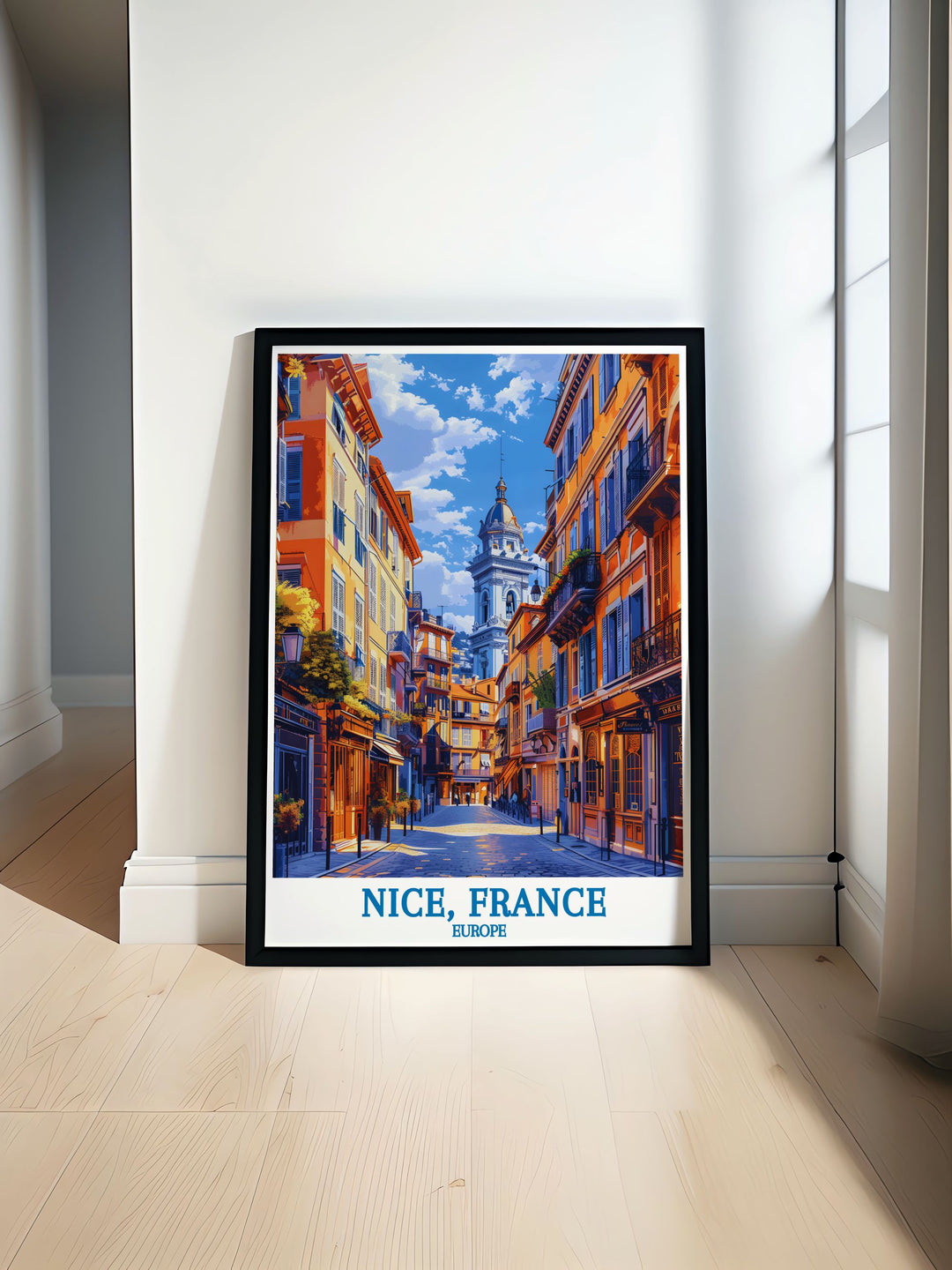 Enhance your living space with this travel poster of Old Town Vieux Nice, capturing the picturesque views and dynamic ambiance of this historic French district.