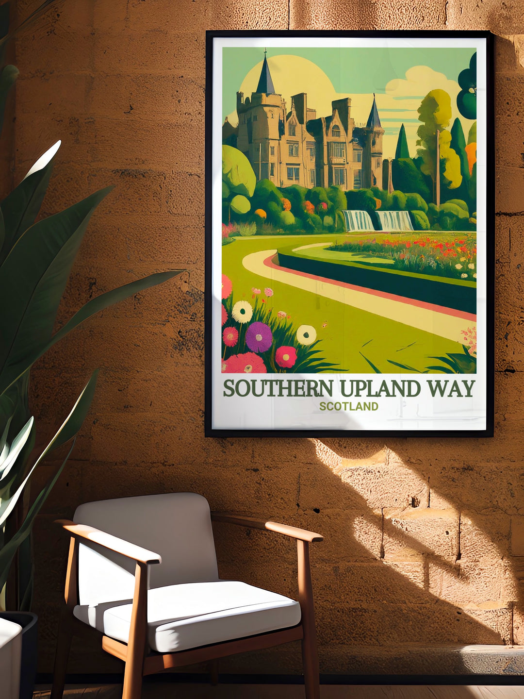 Southern Upland Way travel poster featuring the long distance hiking trail with its diverse landscapes and scenic beauty. This print captures the essence of one of Scotlands most iconic hiking destinations, perfect for nature lovers and outdoor enthusiasts. A timeless piece for home decor celebrating Europe.