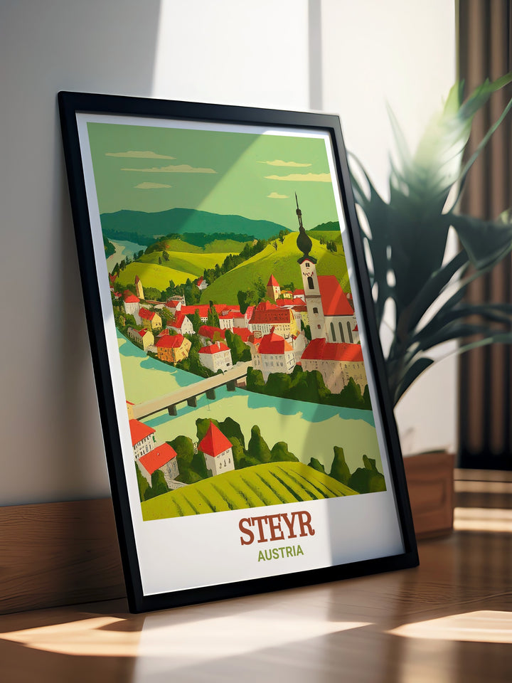 Detailed artwork of Steyr featuring the historic district of Steyrdorf, capturing Austrias architectural beauty. Perfect for enhancing home decor with a touch of cultural heritage, this print is an ideal choice for Austria wall art enthusiasts.