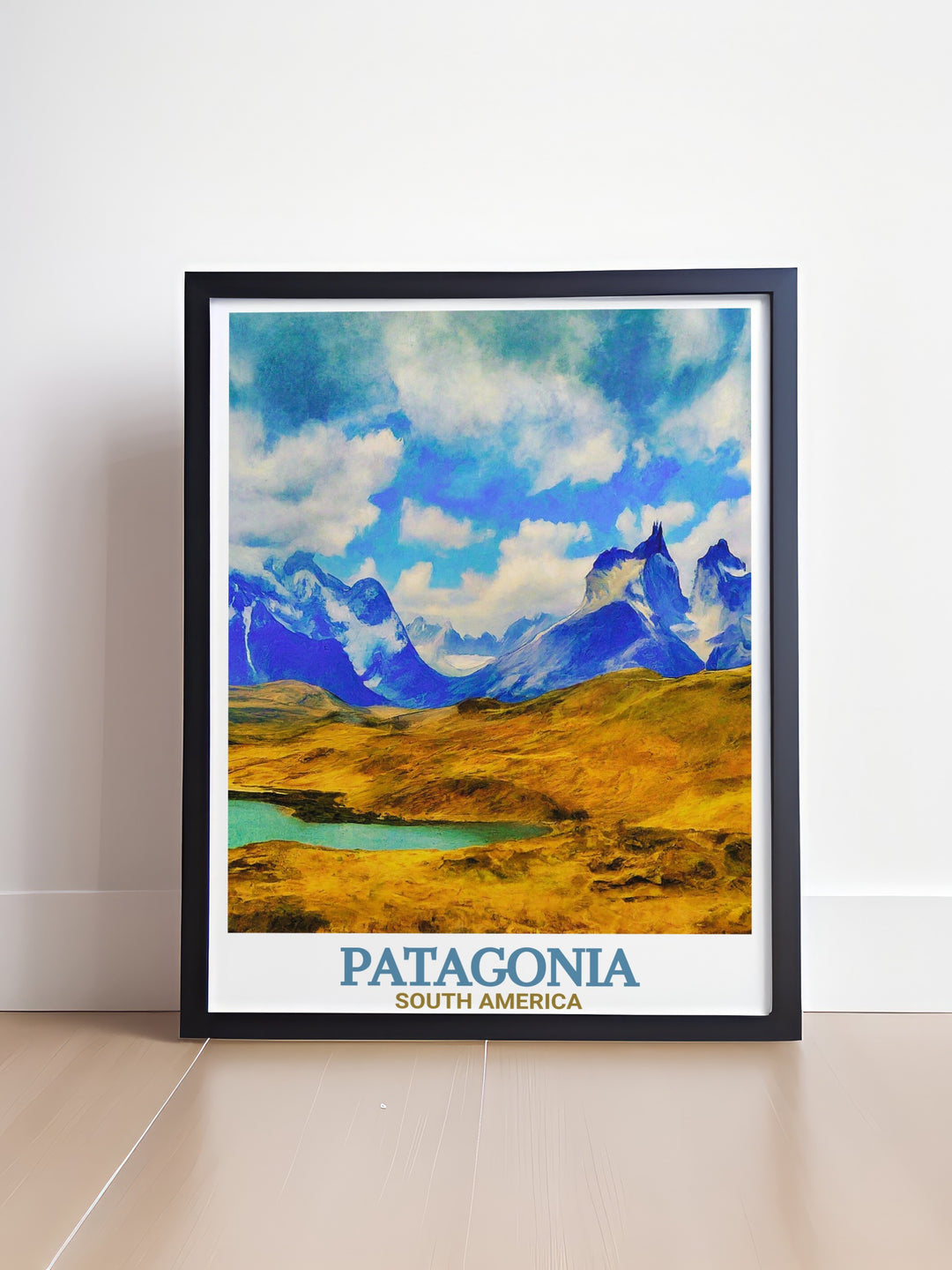 Torres del Paine National Park wall art capturing the breathtaking beauty of Patagonia Chile. Features the majestic Cuernos Del Paine. Perfect for travel enthusiasts and art lovers looking to enhance their decor.