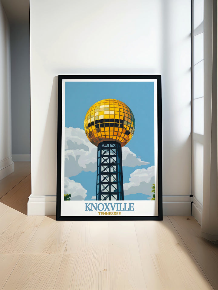 Sunsphere canvas art from Knoxville, Tennessee, capturing the iconic golden globe of the citys skyline. This artwork is perfect for decorating your home, office, or as a personalized gift for anyone who loves Knoxville.