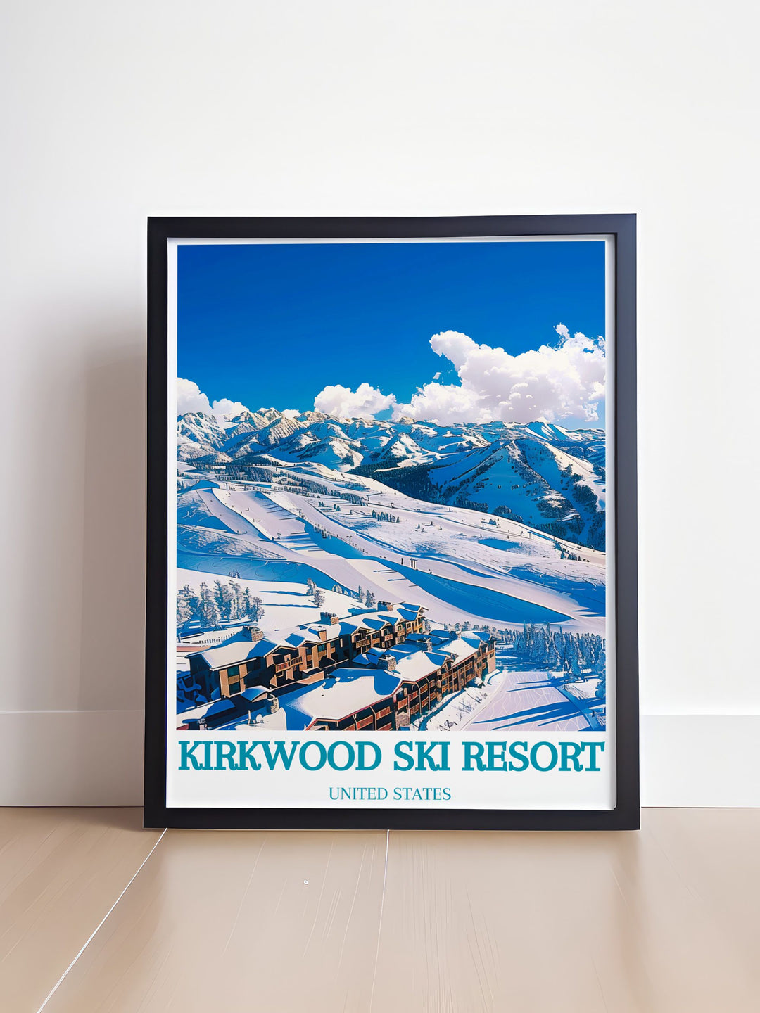 Elegant wall decor of Kirkwood Mountain Resort highlighting the pristine snow covered slopes and scenic mountain views. The artwork adds a touch of winter wonderland to your home decor, ideal for creating a cozy and inviting atmosphere.