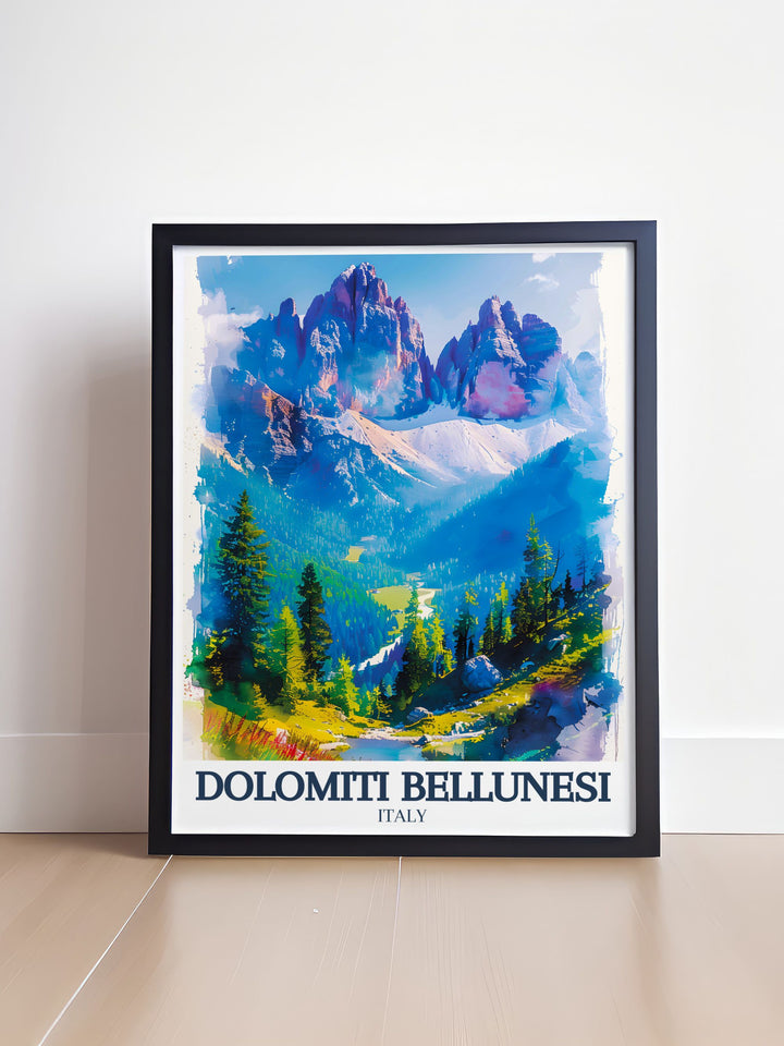 Dolomite range wall art print showcasing the stunning vistas and serene beauty of the Dolomiti Bellunesi perfect for creating an atmosphere of adventure and tranquility in any room.