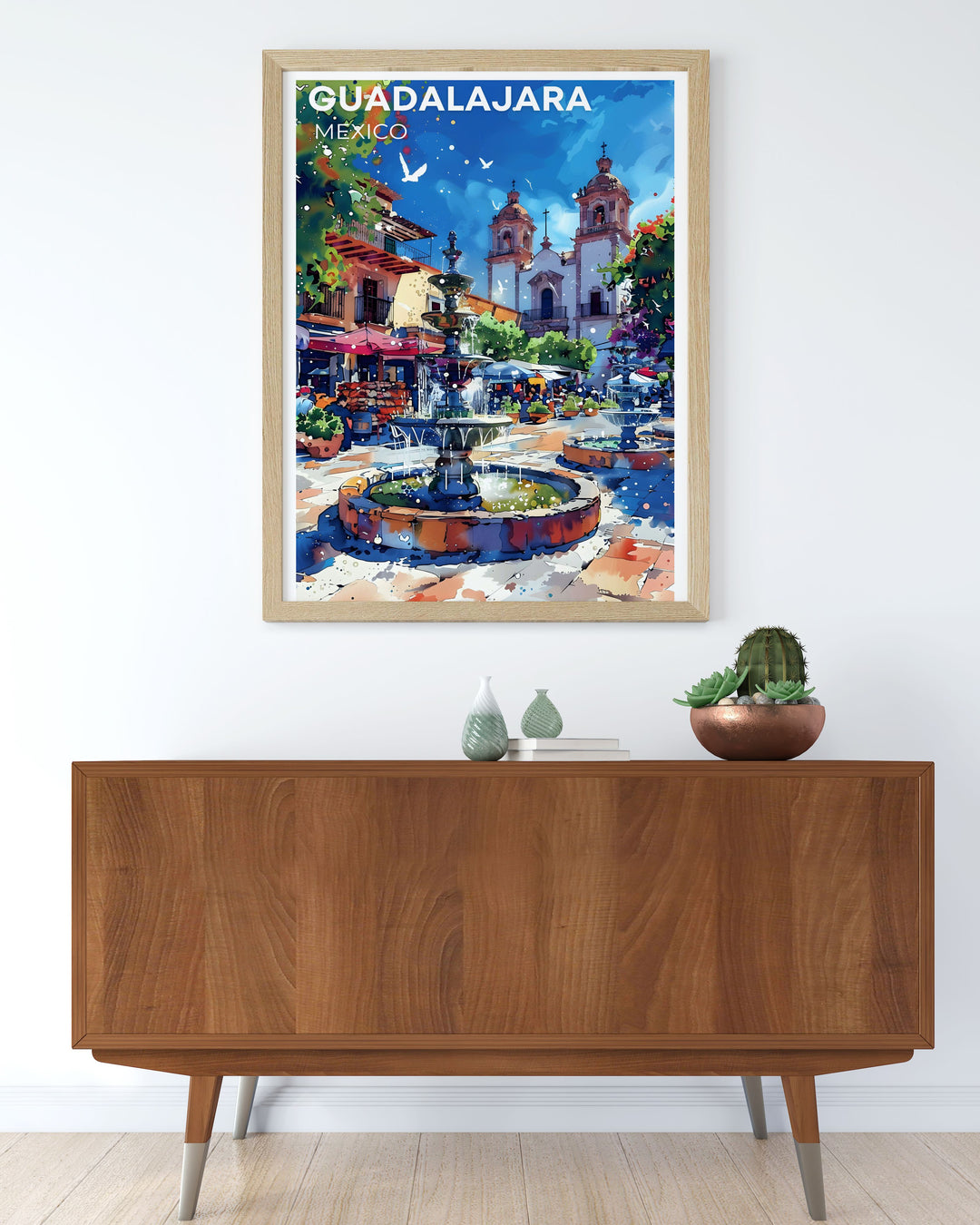 Add some Mexican flair to your home with this Guadalajara wall art print. Featuring Plaza Tapatía, this travel poster brings the vibrant energy of the city into your living space, making it the ideal decor for travel lovers and art enthusiasts.