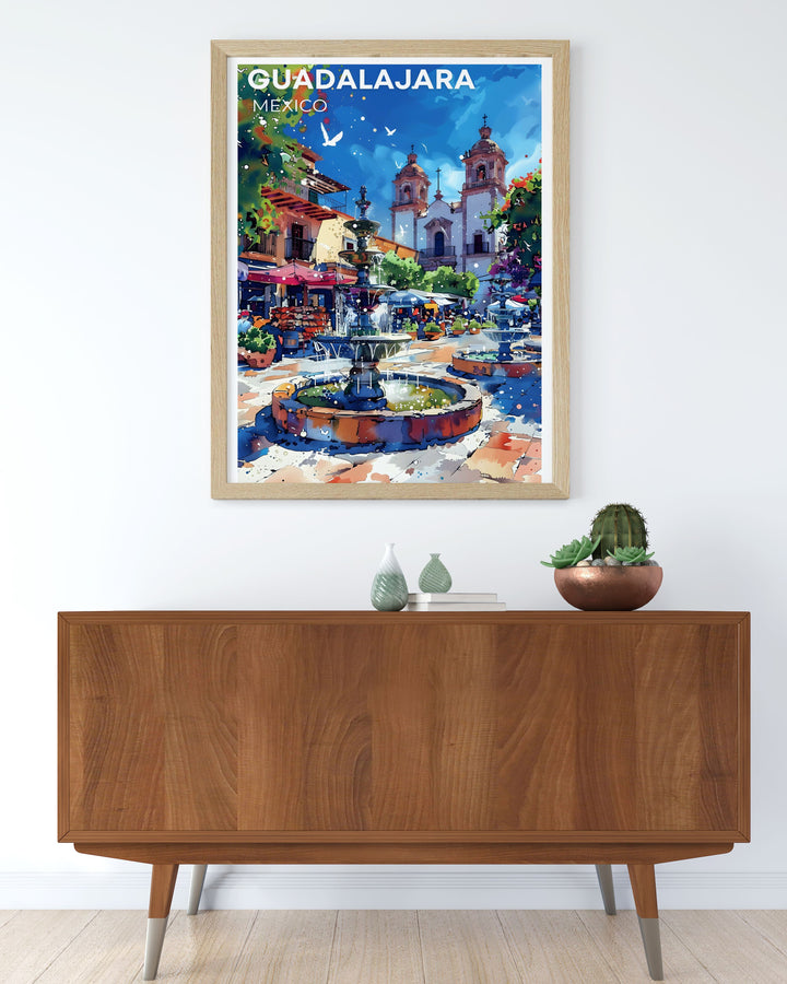 Add some Mexican flair to your home with this Guadalajara wall art print. Featuring Plaza Tapatía, this travel poster brings the vibrant energy of the city into your living space, making it the ideal decor for travel lovers and art enthusiasts.