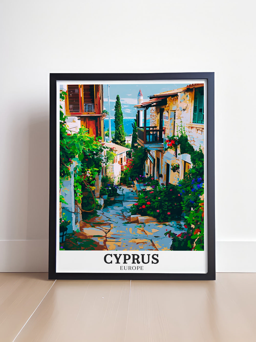 The charming stone houses and lush vineyards of Lania Village are beautifully portrayed in this Cyprus art print. Whether youve visited Cyprus or dream of exploring its rural villages, this piece brings the serenity of the island into your home.