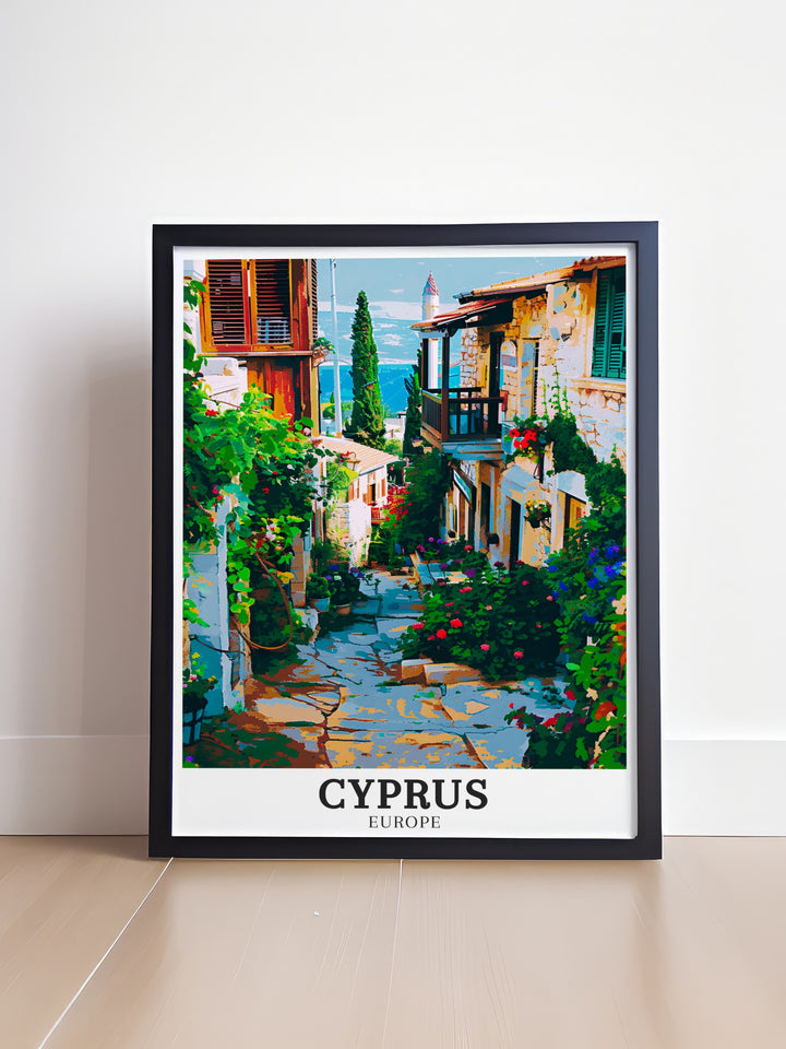 The charming stone houses and lush vineyards of Lania Village are beautifully portrayed in this Cyprus art print. Whether youve visited Cyprus or dream of exploring its rural villages, this piece brings the serenity of the island into your home.