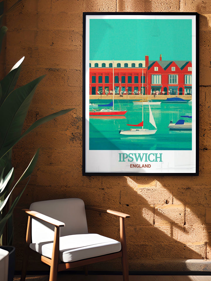 Ipswich Waterfront artwork adds a sophisticated touch to your home with its stunning depiction of the coastal beauty of Ipswich. These elegant UK wall prints are ideal for any room bringing both charm and character to your living space.