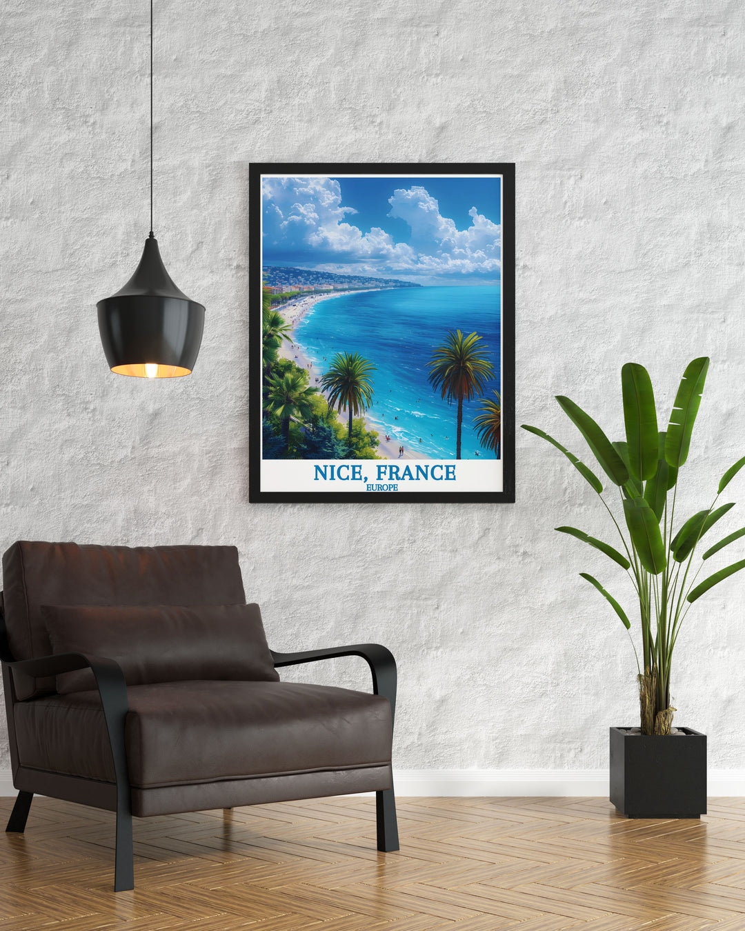 Featuring the historic Promenade des Anglais in Nice, this travel poster brings to life the vibrant atmosphere, cultural heritage, and stunning Mediterranean backdrop, making it a perfect addition to any collection of French art.
