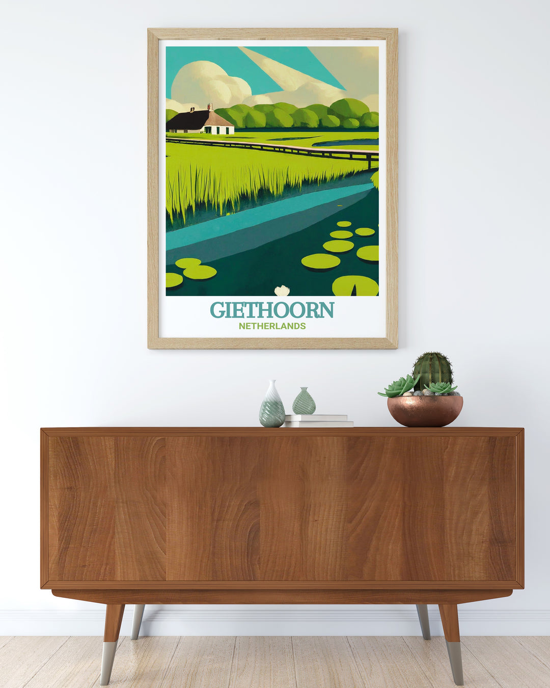 Giethoorn travel print highlighting the picturesque landscapes and peaceful ambiance of this charming Dutch village and the surrounding national park. The prints vibrant colors and detailed depiction make it a great choice for anyone looking to add a touch of European elegance to their home decor.