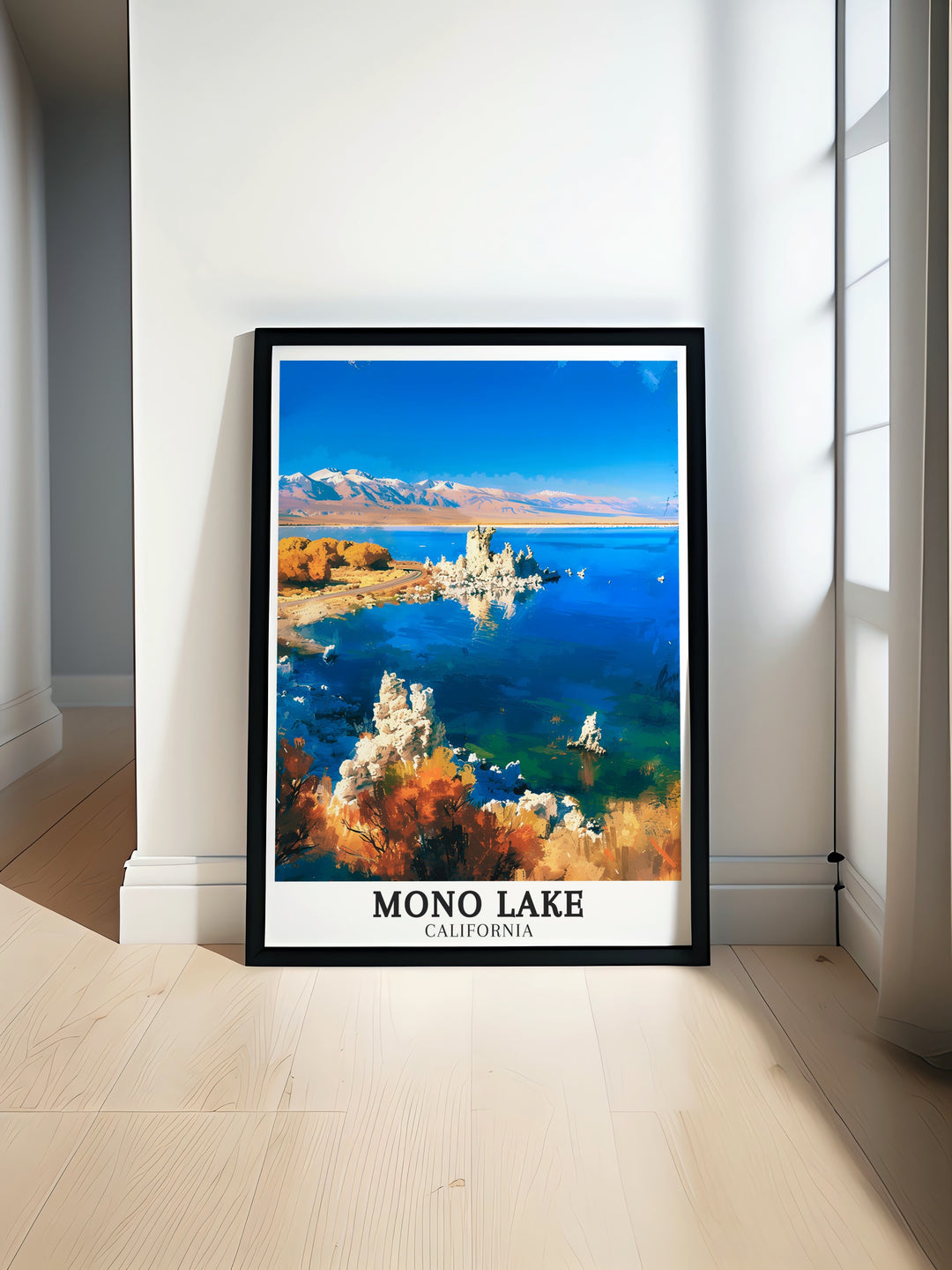 Beautiful Mono Lake Tufa State Natural Reserve art print featuring the iconic Tufa towers perfect for adding a touch of California decor to your living space. Great gift for nature lovers and those who appreciate unique California travel destinations.