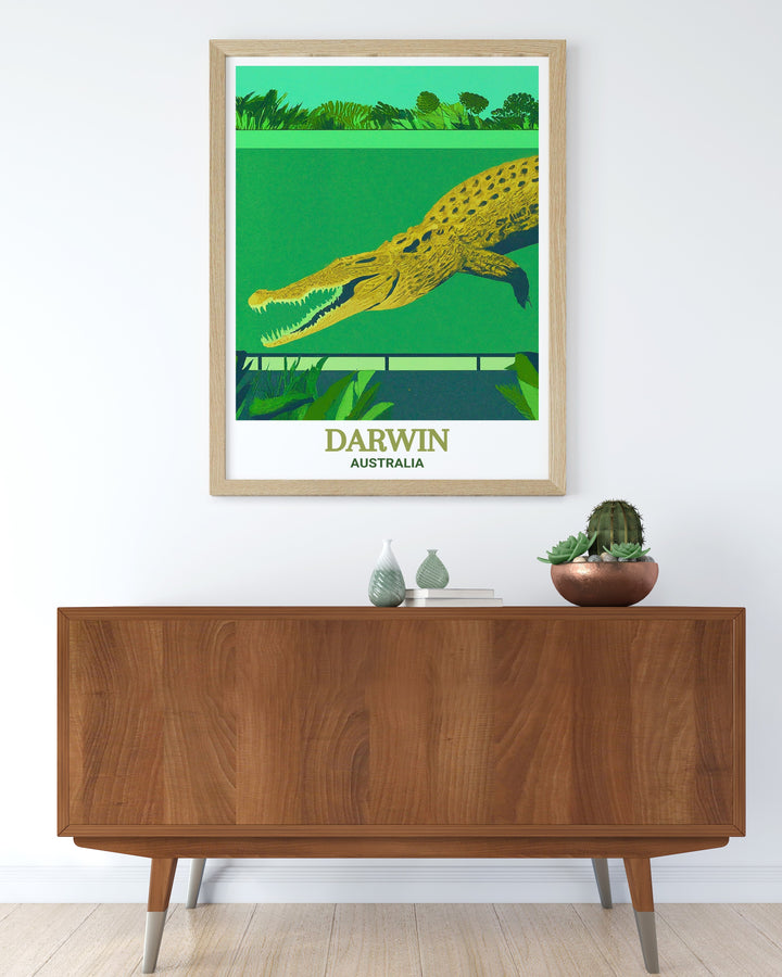 Darwin travel poster featuring Crocosaurus Cove, a must have for those who love Australias wildlife. This print captures the raw power and ancient beauty of Australias saltwater crocodiles, making it a unique addition to any home decor and an excellent gift for nature enthusiasts.