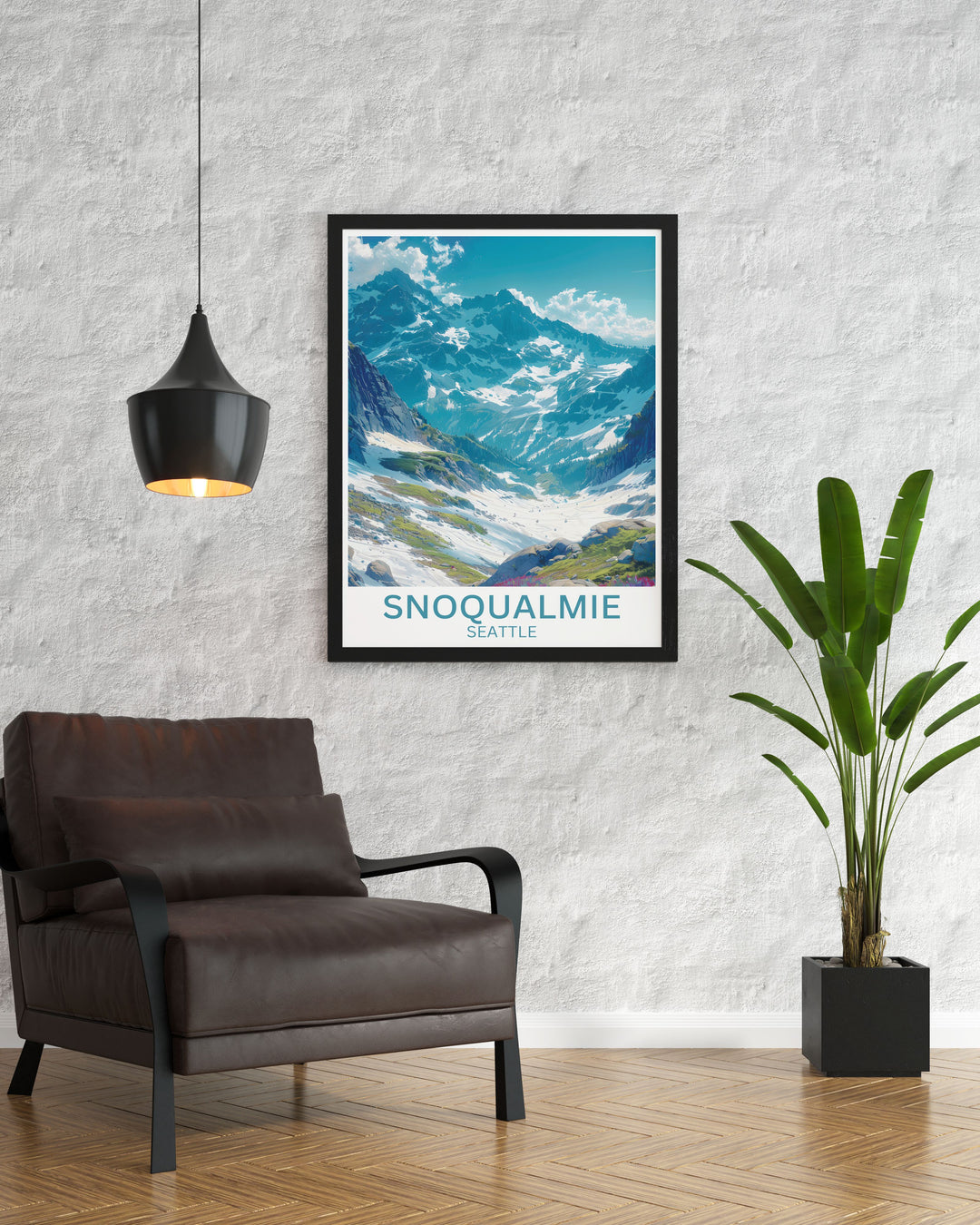 Celebrate the stunning scenery of The Summit at Snoqualmie with this detailed art print, showcasing the serene snow covered mountains and exciting ski terrain.