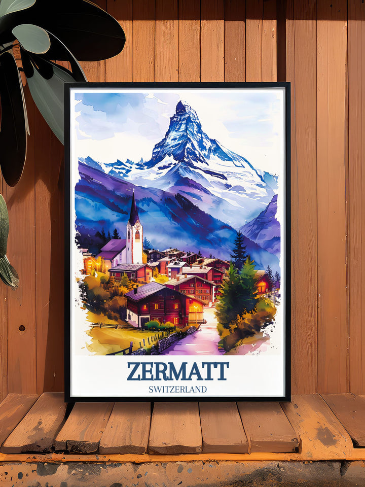 Charming Ski Resort Art with Zermatt Village St. Mauritius Church and Matterhorn showcasing the beauty of alpine landscapes in vibrant prints