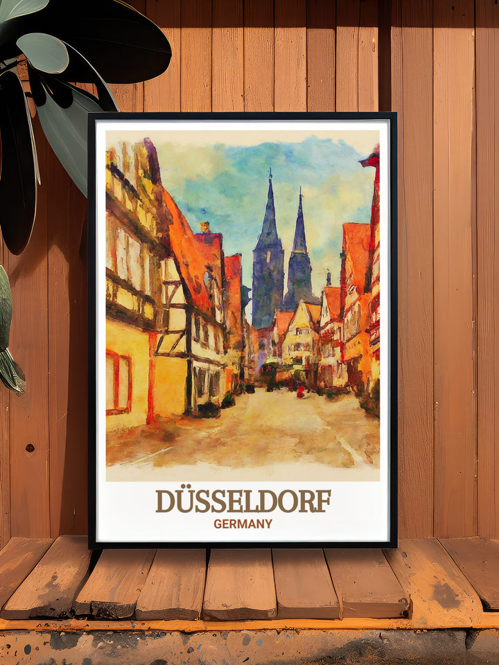 Showcasing Düsseldorfs Altstadt in all its glory, this travel print highlights the historic and contemporary elements of the city, making it an ideal decor piece.