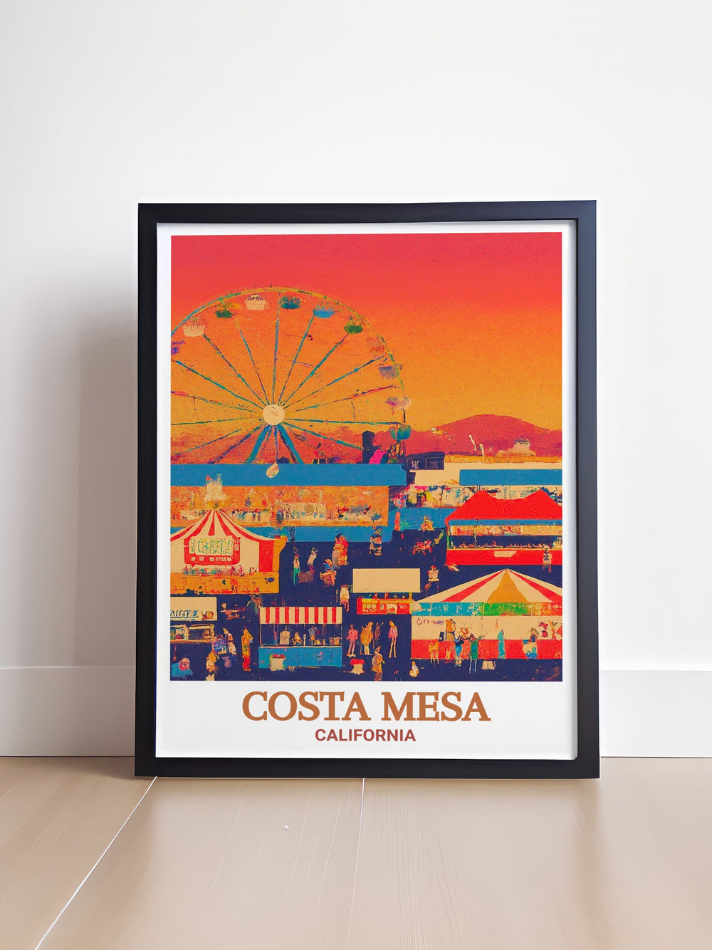 This Costa Mesa poster print captures the lively spirit of the city, showcasing its unique cityscape and iconic OC Fair & Event Center. Ideal for those who love Californias cultural hubs, this vibrant travel print brings the essence of Costa Mesa into your home.