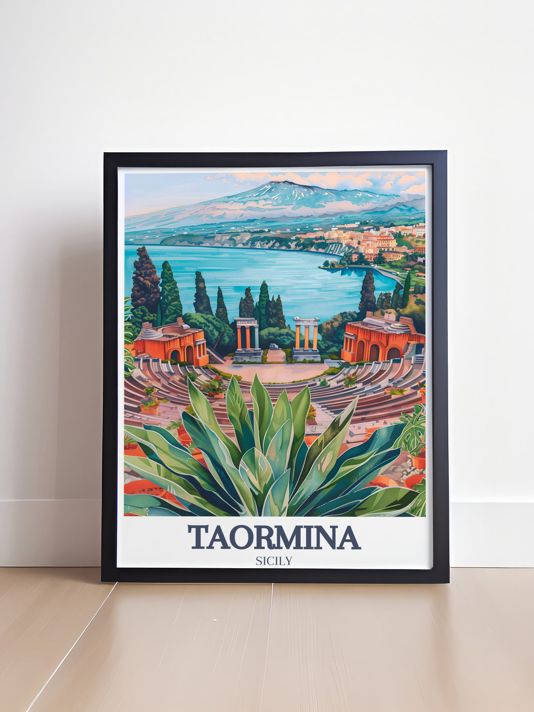 Modern Italy wall decor with a stunning Taormina poster highlighting the Ancient Theatre of Taormina and Isola Bella. This art piece adds a sophisticated touch to any room while showcasing the historic and natural beauty of Taormina.