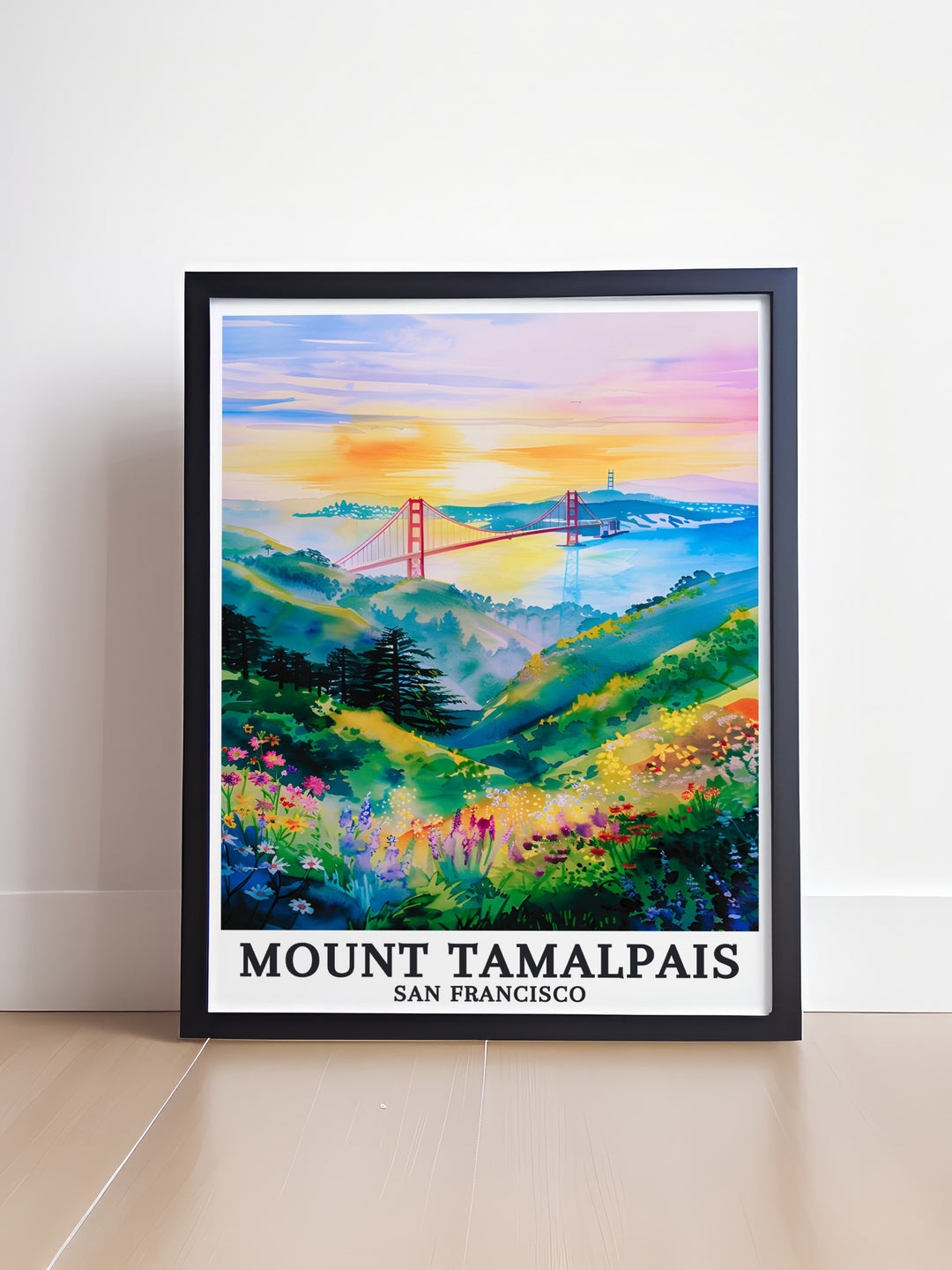 Stunning California travel print of Mount Tamalpais overlooking the Pacific Ocean and Golden Gate Bridge. Ideal for anyone seeking California decor or gifts, this poster captures the essence of the states beauty and adventure.