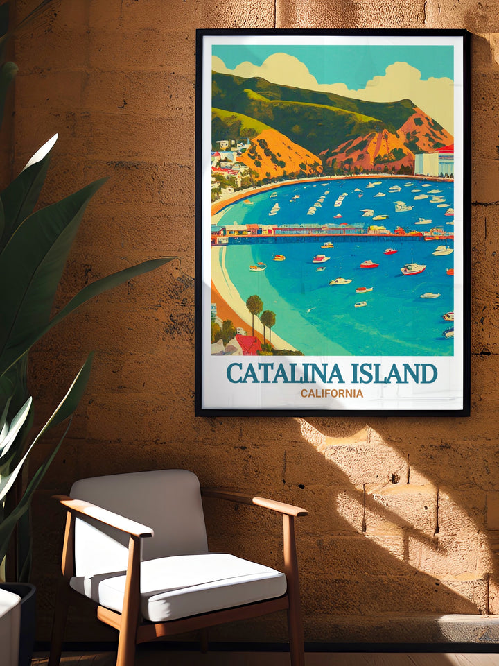 Add a slice of Catalina Islands paradise to your home with this detailed art print, capturing the islands natural beauty and the serene waters of Avalon Bay. Ideal for enhancing your coastal decor.