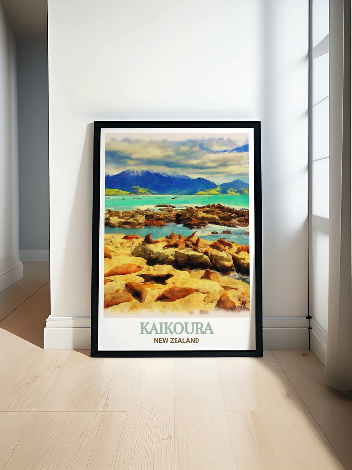 Vivid colors highlight the contrast between the rocky coast and the serene ocean at the Kaikoura Seal Colony, making this travel print an exquisite addition to your wall decor. The artwork captures the natural habitat of seals against the stunning backdrop of Kaikouras mountains.