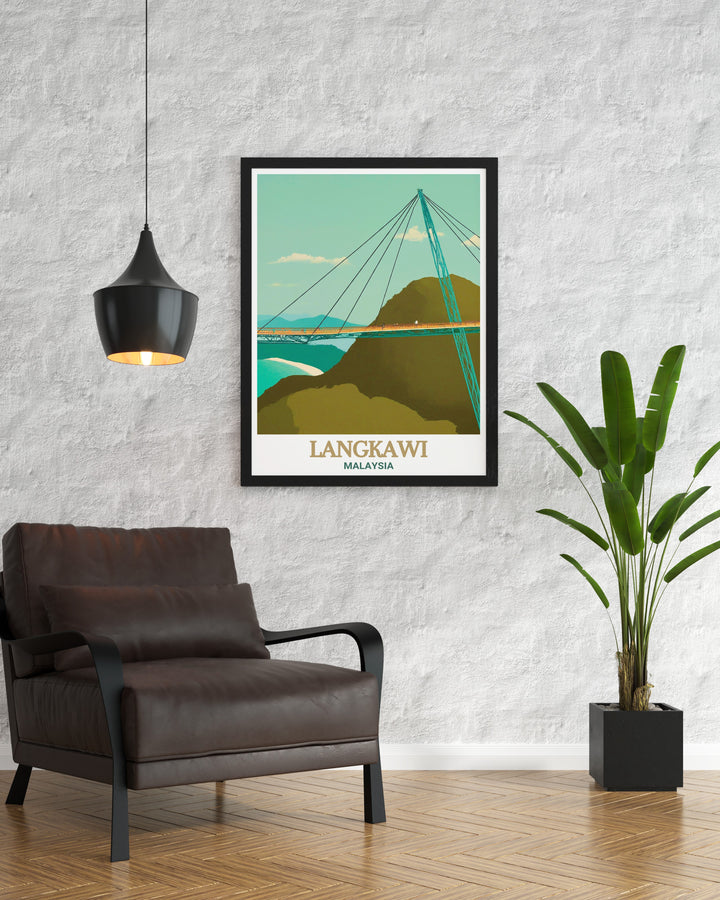 Langkawi skyline art print featuring the famous Langkawi Sky Bridge set against a tropical backdrop. This Malaysia travel print perfectly combines the islands serene nature with modern design, making it a must have for those who appreciate Southeast Asias charm and beauty.