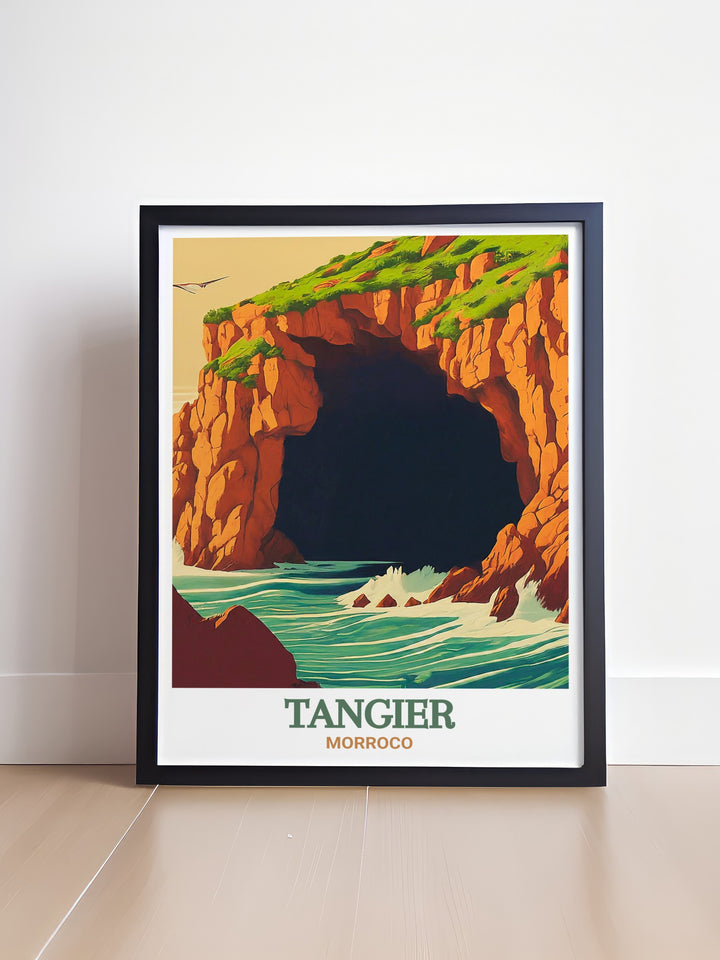 A vibrant depiction of the Hercules Caves in Tangier, Morocco, is featured in this travel print. The iconic cave opening and stunning coastal views create a perfect blend of natural beauty and history for your home décor.