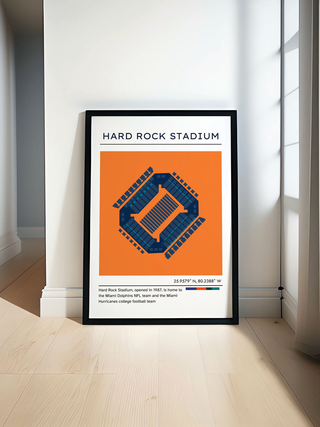 Miami Dolphins and Miami Hurricanes vintage poster showcasing Hard Rock Stadium perfect for personalized gifts and travel poster prints celebrating Florida football