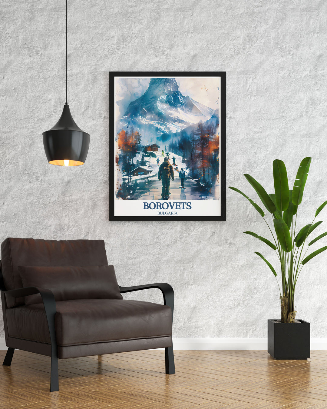 Beautiful Borovets travel poster capturing the dynamic atmosphere of the alpine resort and the serene beauty of the Musala Pathway, perfect for enhancing your home or office with Bulgarias iconic landmarks.