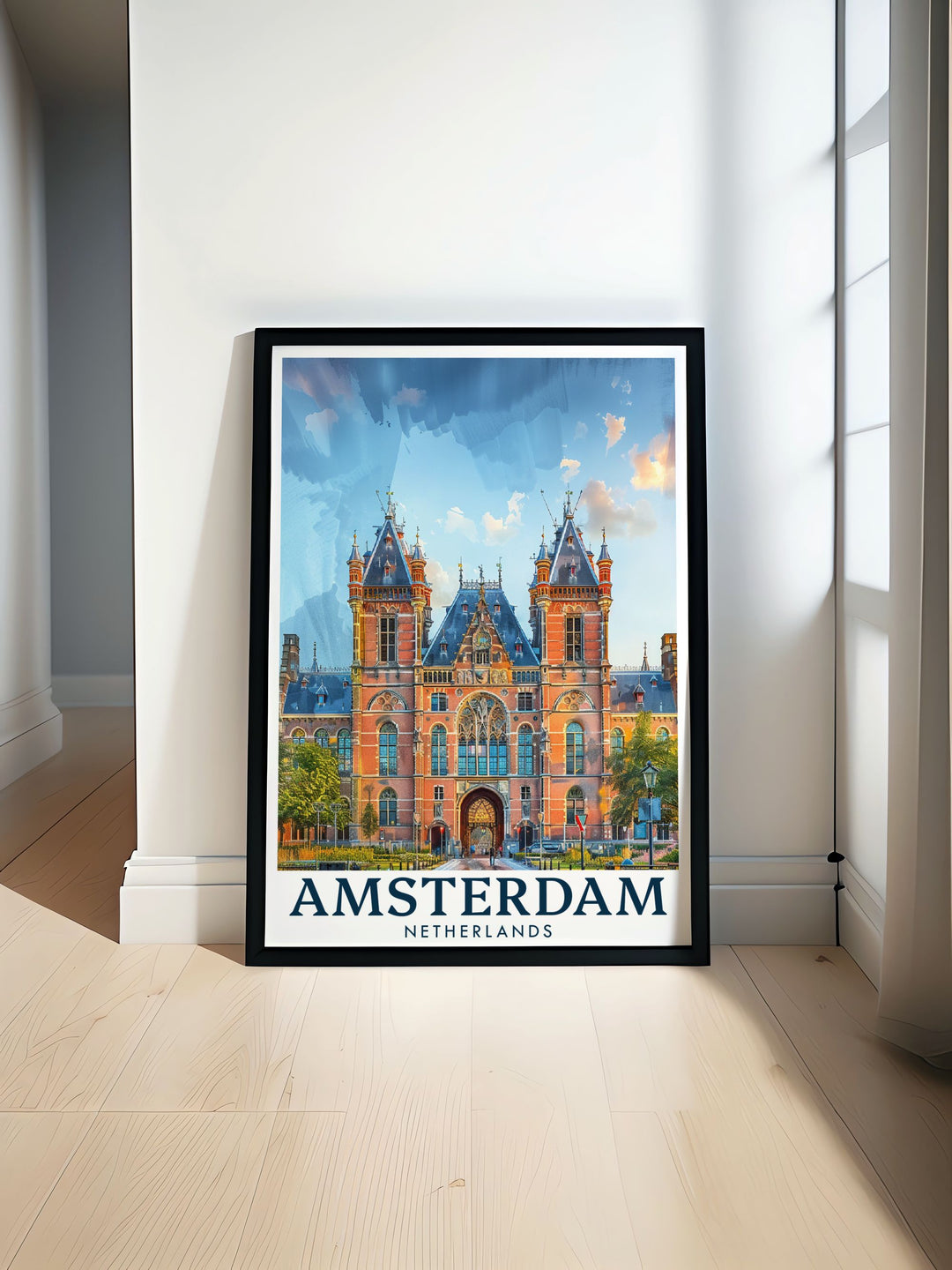 Beautiful Amsterdam print featuring the iconic Rijksmuseum in vibrant colors. This Amsterdam wall art is perfect for home decor enthusiasts and art lovers. Ideal as a travel poster and city print, adding a touch of history and elegance to any room.