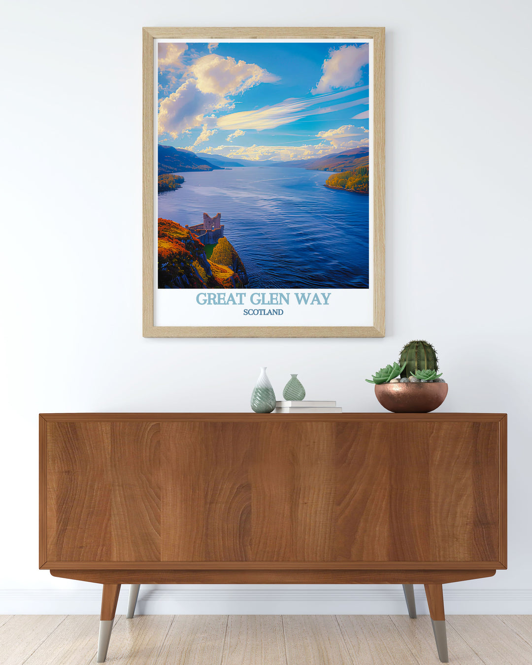 Showcasing the iconic Loch Ness, this travel poster offers a captivating view of Scotlands legendary loch, making it an intriguing addition for any space and ideal for those fascinated by natural mysteries.
